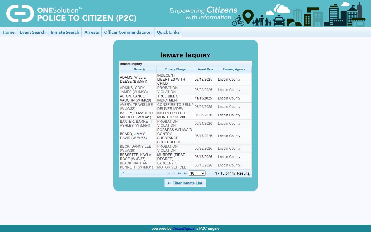 Lincoln County inmate search P2C jail roster